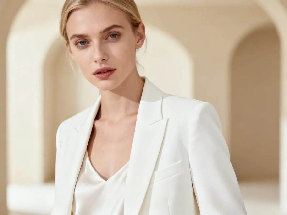 Elegancka kobieta w białym żakiecie i jedwabnym topie na tle minimalistycznego wnętrza.