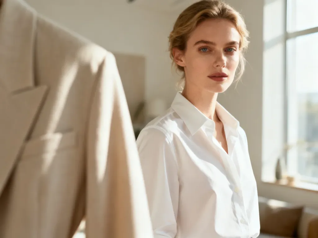 Elegancka kobieta w białej koszuli o wysokiej jakości wykończeniu, prezentująca minimalistyczną stylizację w jasnym wnętrzu.