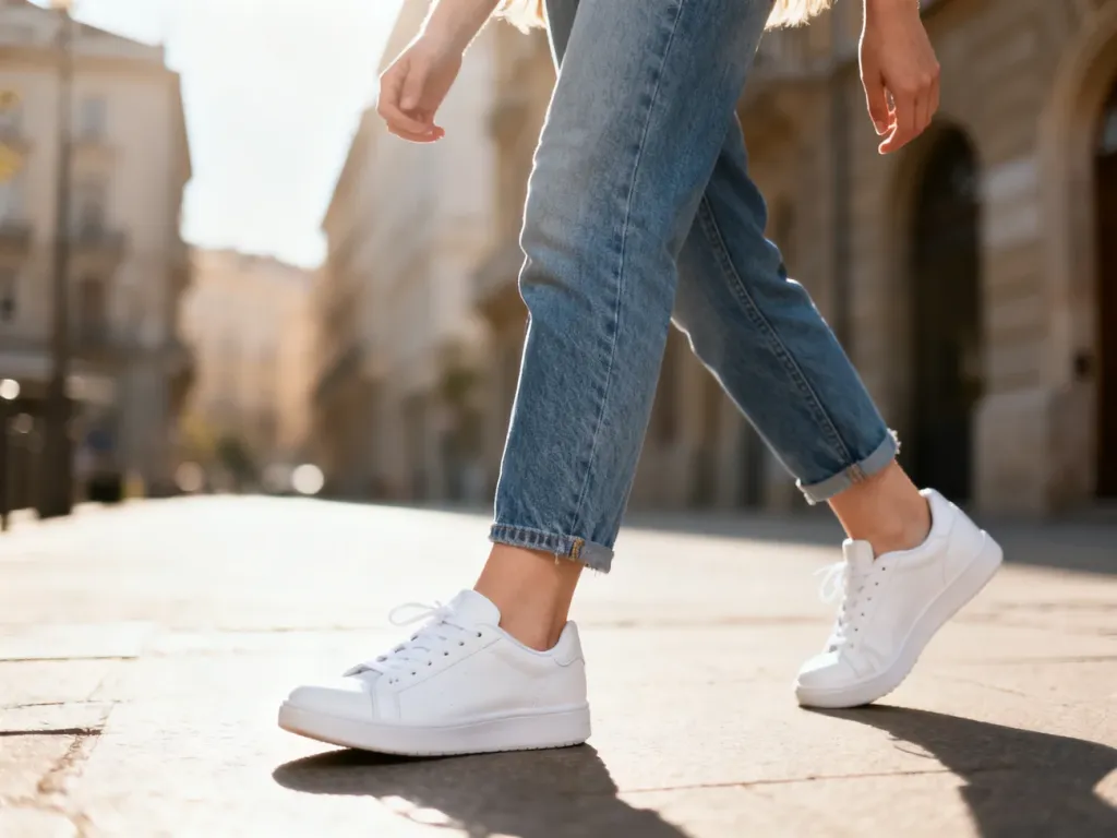 Kobieta w białych sneakersach i jeansach pewnie idzie słoneczną ulicą, prezentując modną stylizację na co dzień.
