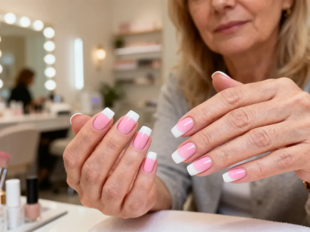 Dłonie z profesjonalnie wykonanym manicurem typu babyboomer z płynnym przejściem od różu do bieli.