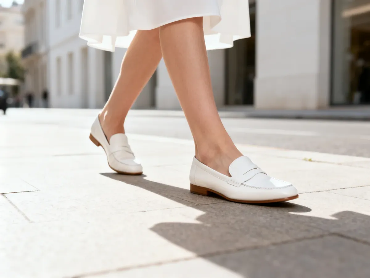 Stylowa kobieta w białych mokasynach spaceruje po słonecznej ulicy, prezentując elegancką i minimalistyczną stylizację.