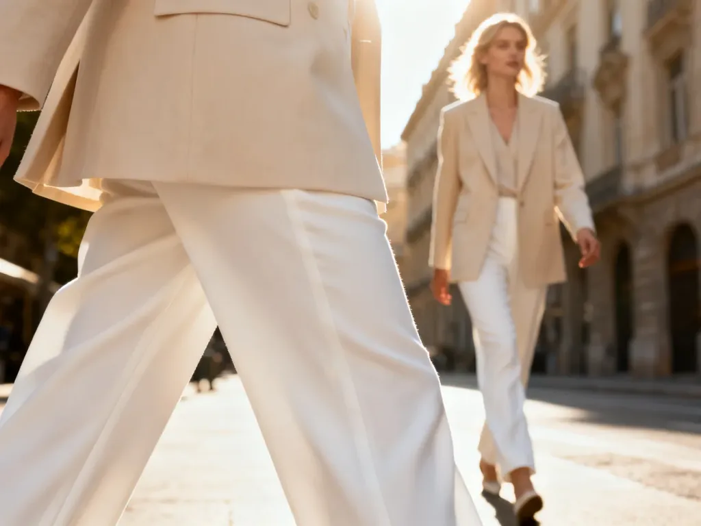 Elegancka kobieta w białych spodniach i beżowej marynarce spaceruje po słonecznym mieście, prezentując modną stylizację.