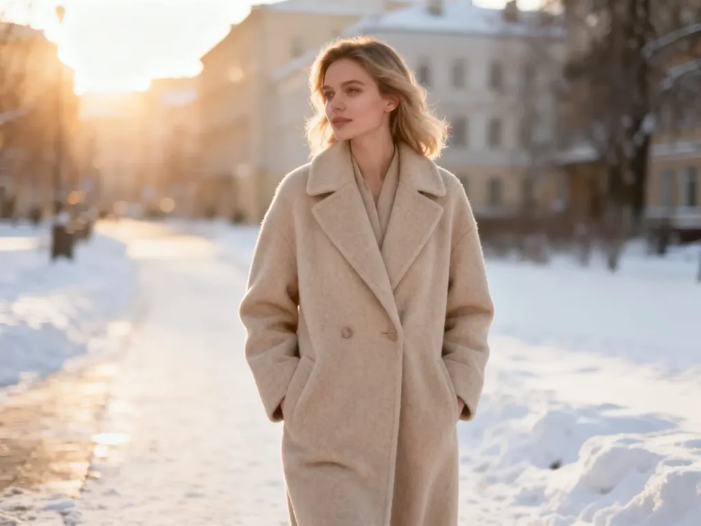 Stylowa kobieta w beżowym płaszczu wełnianym na tle zaśnieżonej ulicy w zimowym, eleganckim wydaniu.